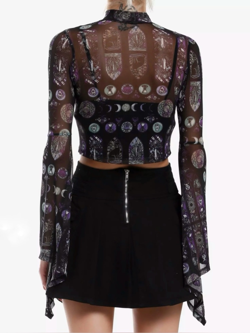 Cosmic Aura Stained Glass Sheer Mock Neck Top Black Cami Cathedral Moon Phases - Picture 3 of 10